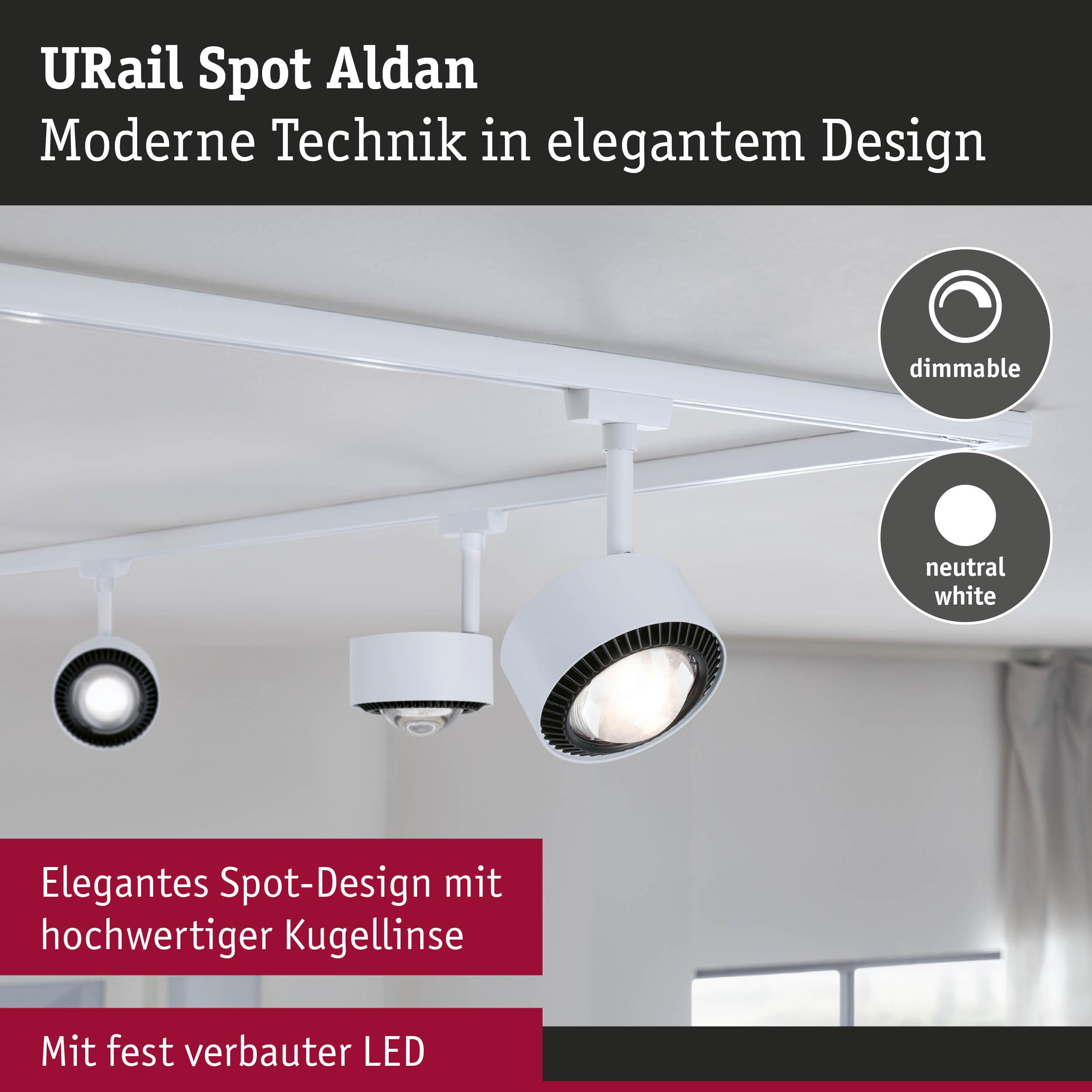 Weißer URail Spot Aldan LED-Strahler mit dimmbarer neutralweißer Beleuchtung und Kugellinse