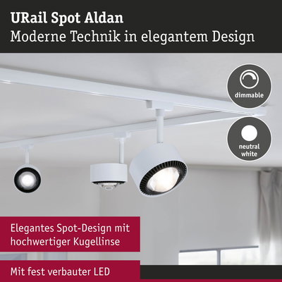 Weißer URail Spot Aldan LED-Strahler mit dimmbarer neutralweißer Beleuchtung und Kugellinse