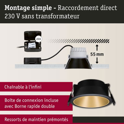 Montage simple d’un spot encastré noir de 55 mm de profondeur avec raccordement direct 230 V sans transformateur