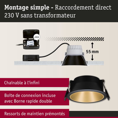 Montage simple d’un spot encastré noir de 55 mm de profondeur avec raccordement direct 230 V sans transformateur