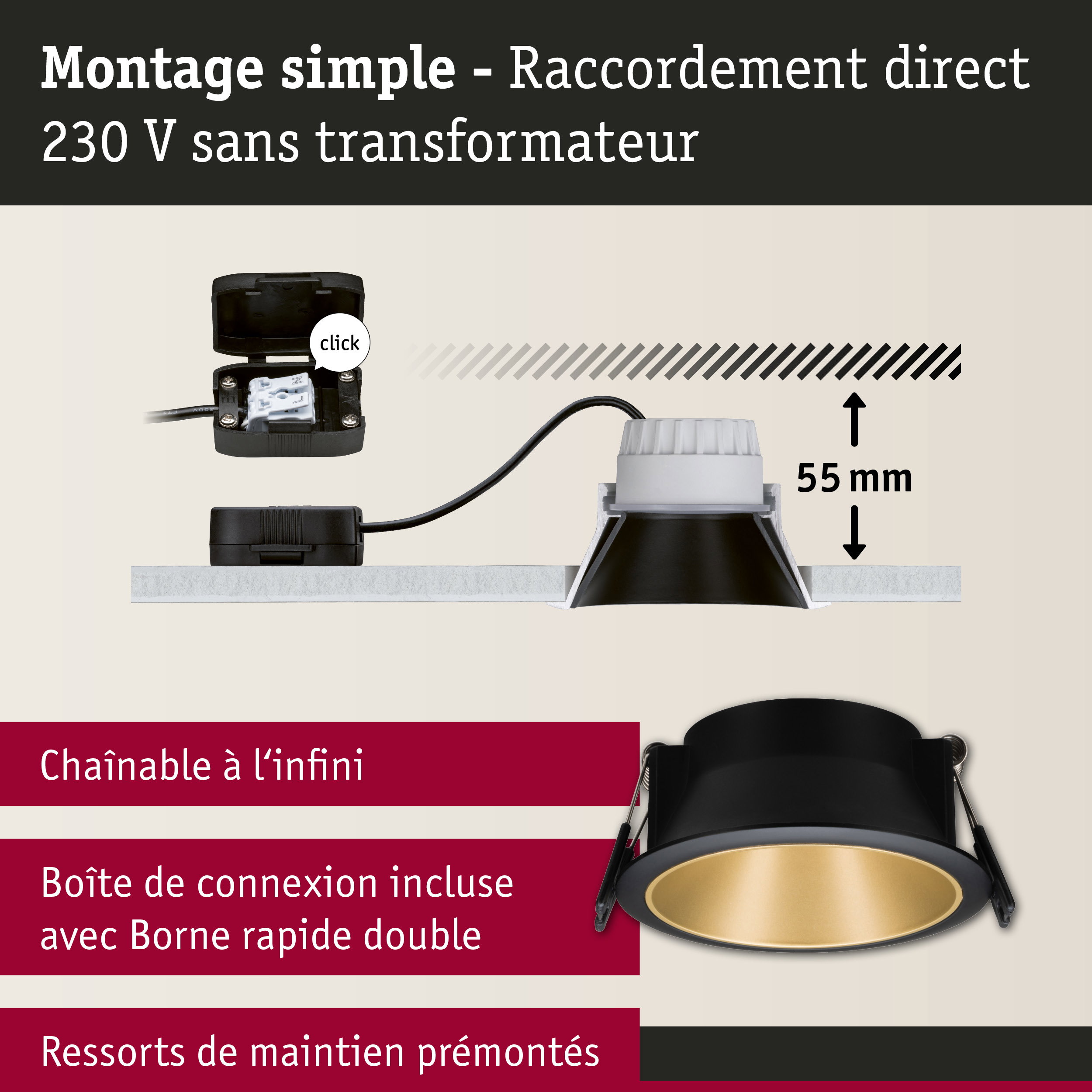 Spot encastré noir avec intérieur doré et boîte de connexion 230V sans transformateur