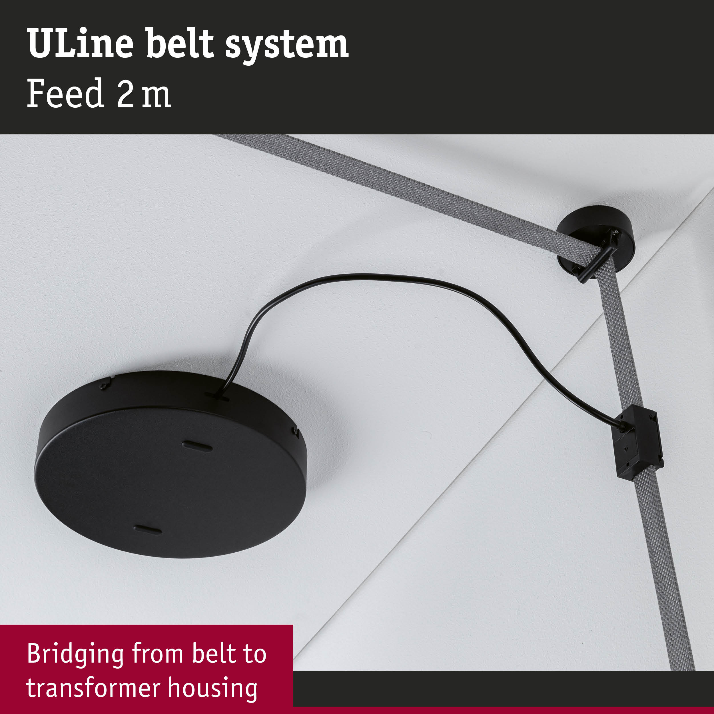 Black ULine belt system 2 m long mounted on white ceiling for lighting installation