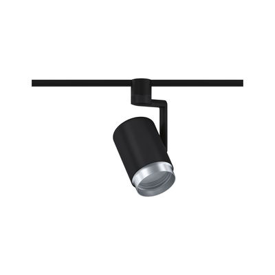 Schwarzer LED-Spot aus Metall mit silbernem Rand an Schienensystem für moderne Beleuchtung