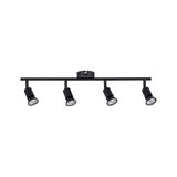 Black metal ceiling light with four adjustable spotlights for modern interior lighting