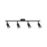 Black metal ceiling light with four adjustable spotlights for modern interior lighting