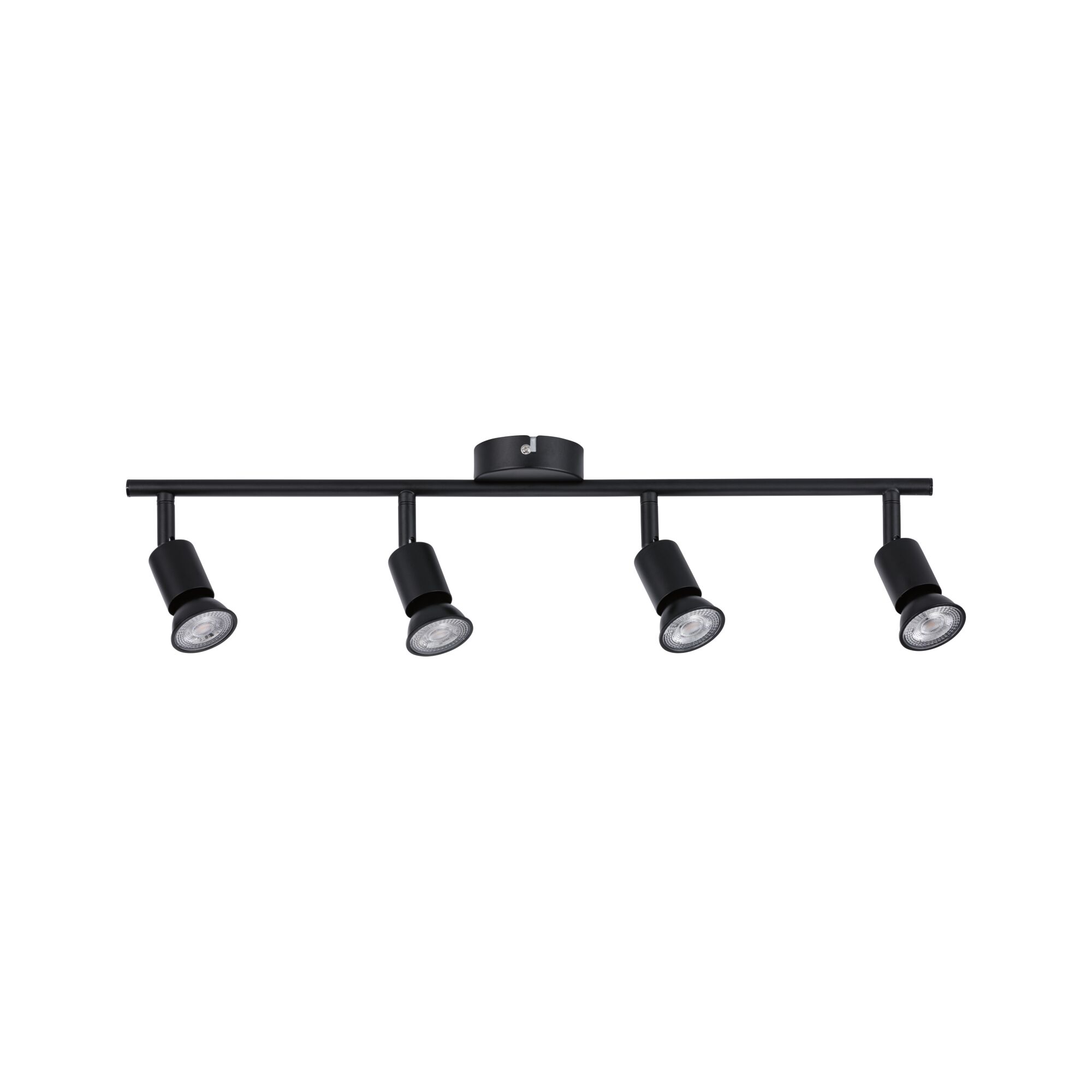 Plafonnier noir en métal avec quatre spots orientables pour un éclairage intérieur moderne