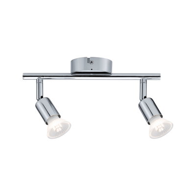 Spot de plafond moderne en métal chromé avec deux lampes orientables pour éclairage intérieur.
