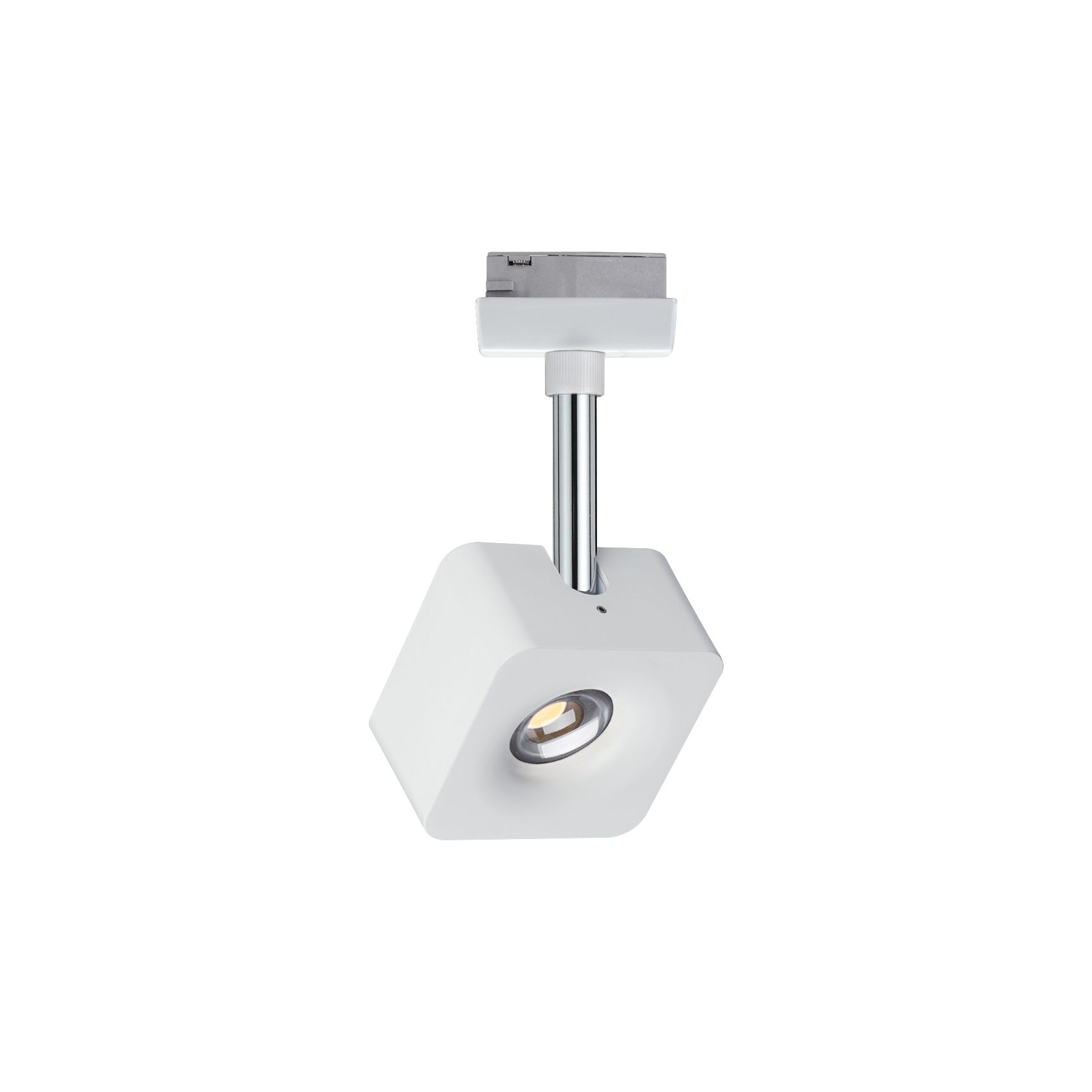 Modern white metal LED spotlight with square design for track systems and accent lighting
