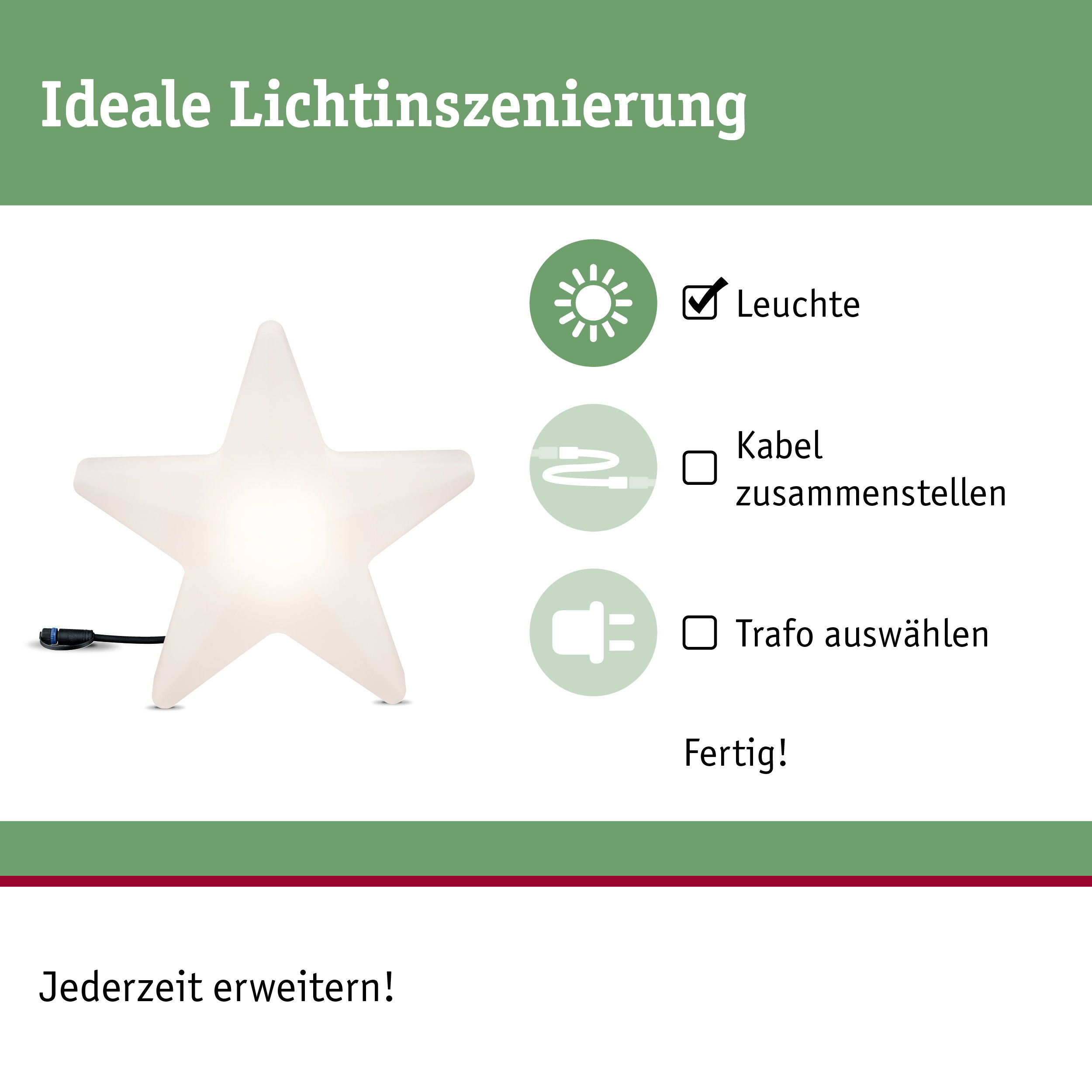Weißer Stern aus Kunststoff mit integriertem Licht und Kabelanschluss für dekorative Beleuchtung