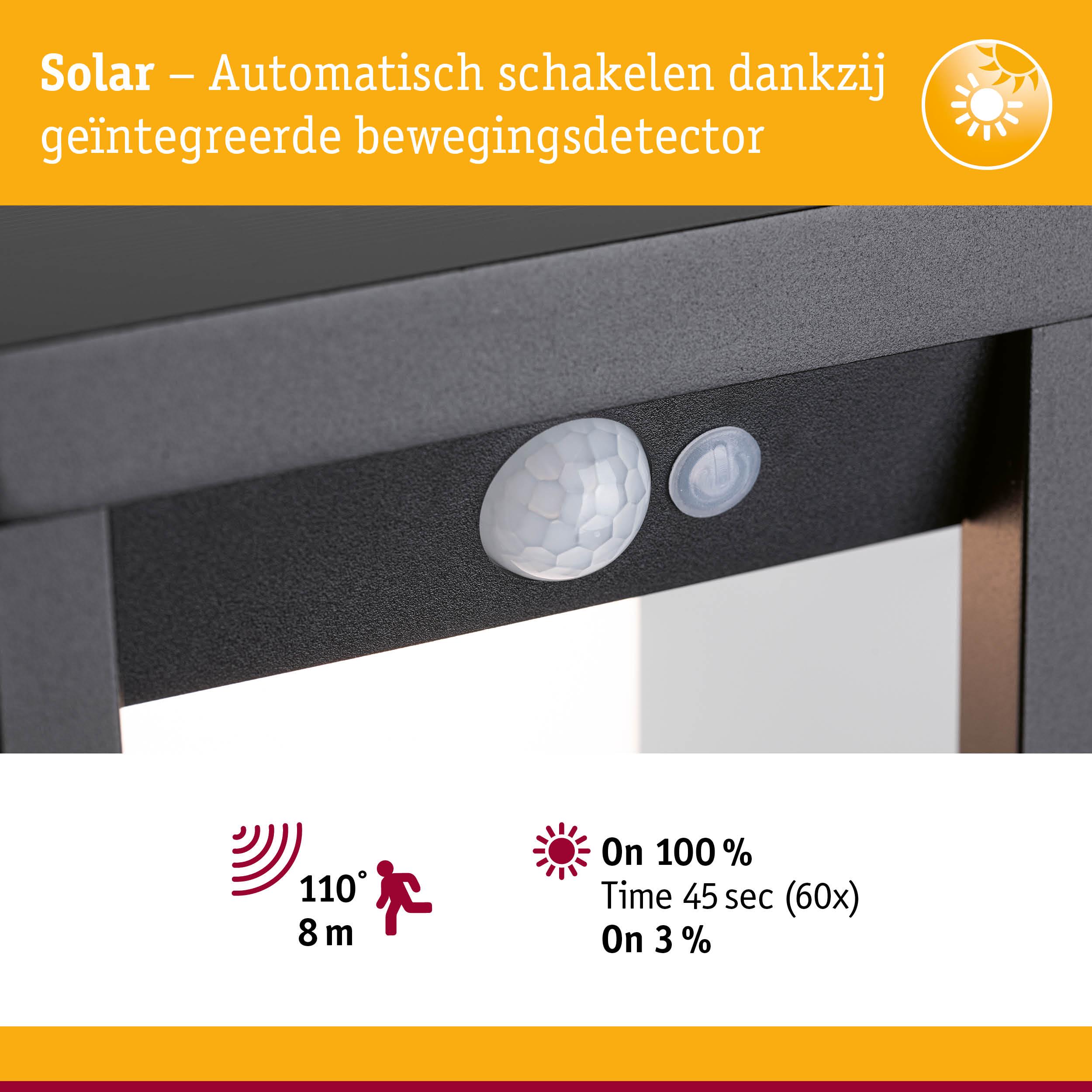 Close-up van zwarte solar bewegingssensor met detectiehoek van 110° en bereik van 8 m voor buitenverlichting