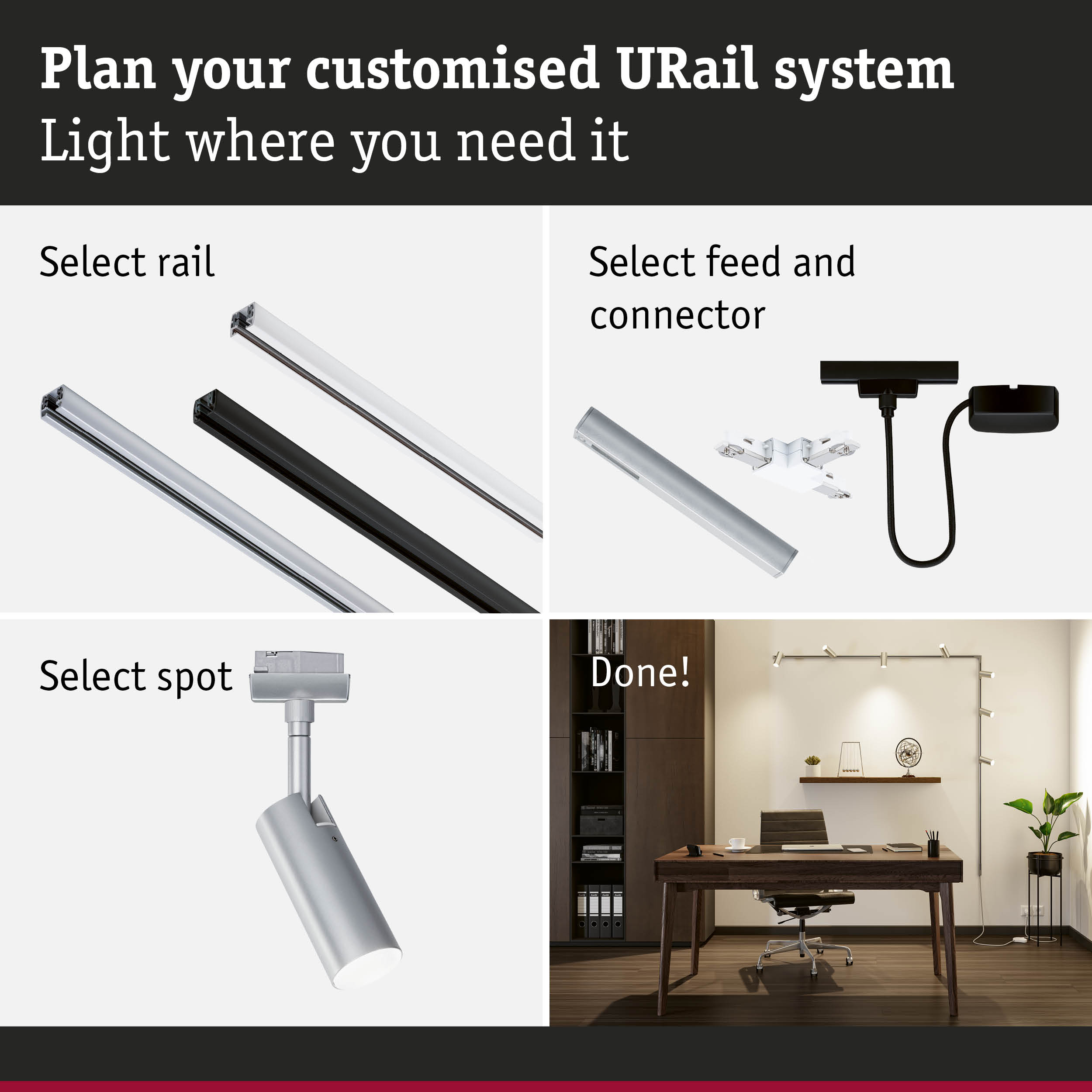 Modular URail rail system with black and white aluminium rails for flexible LED lighting setup.