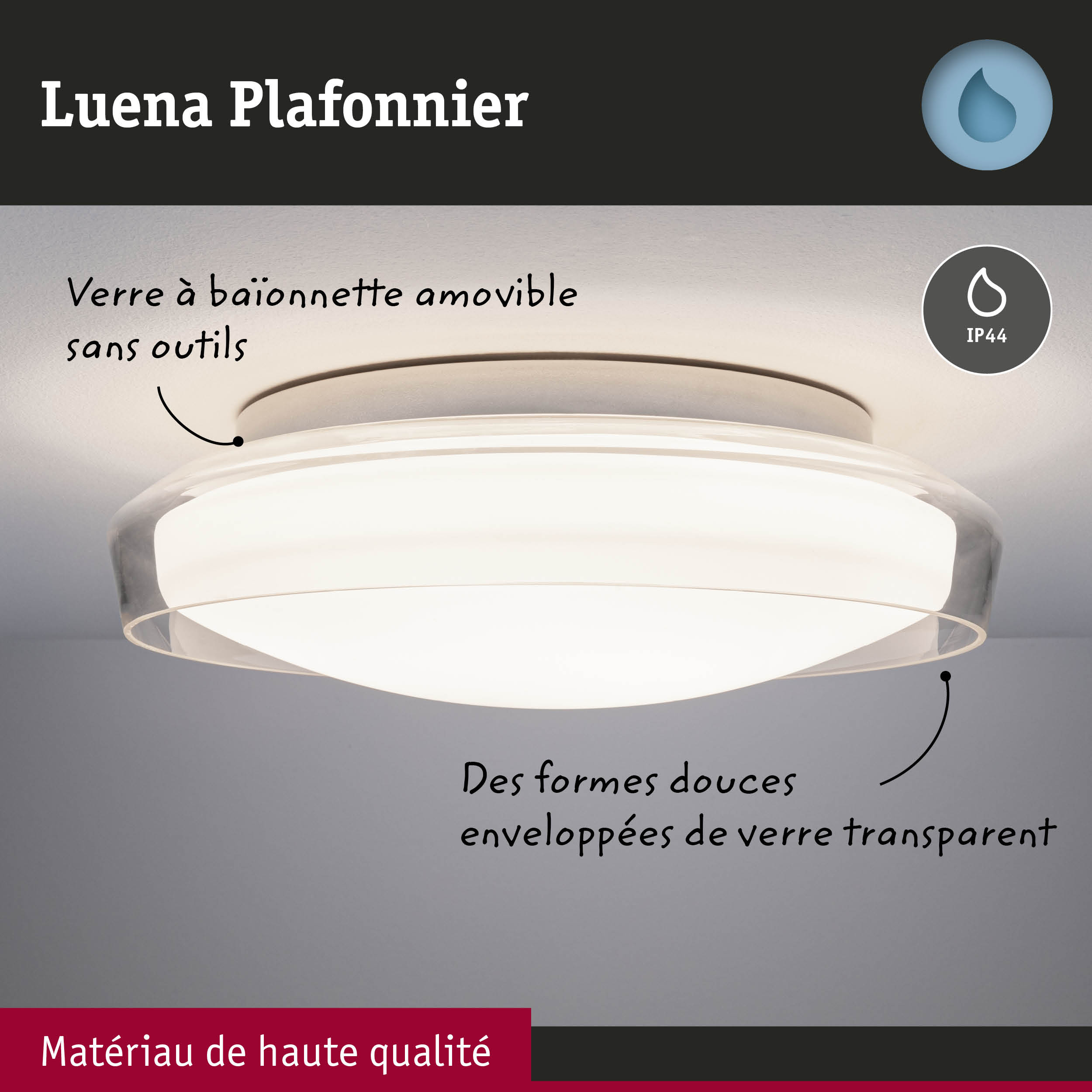 Plafonnier Luena avec verre amovible, blanc, indice de protection IP44, matériaux de haute qualité