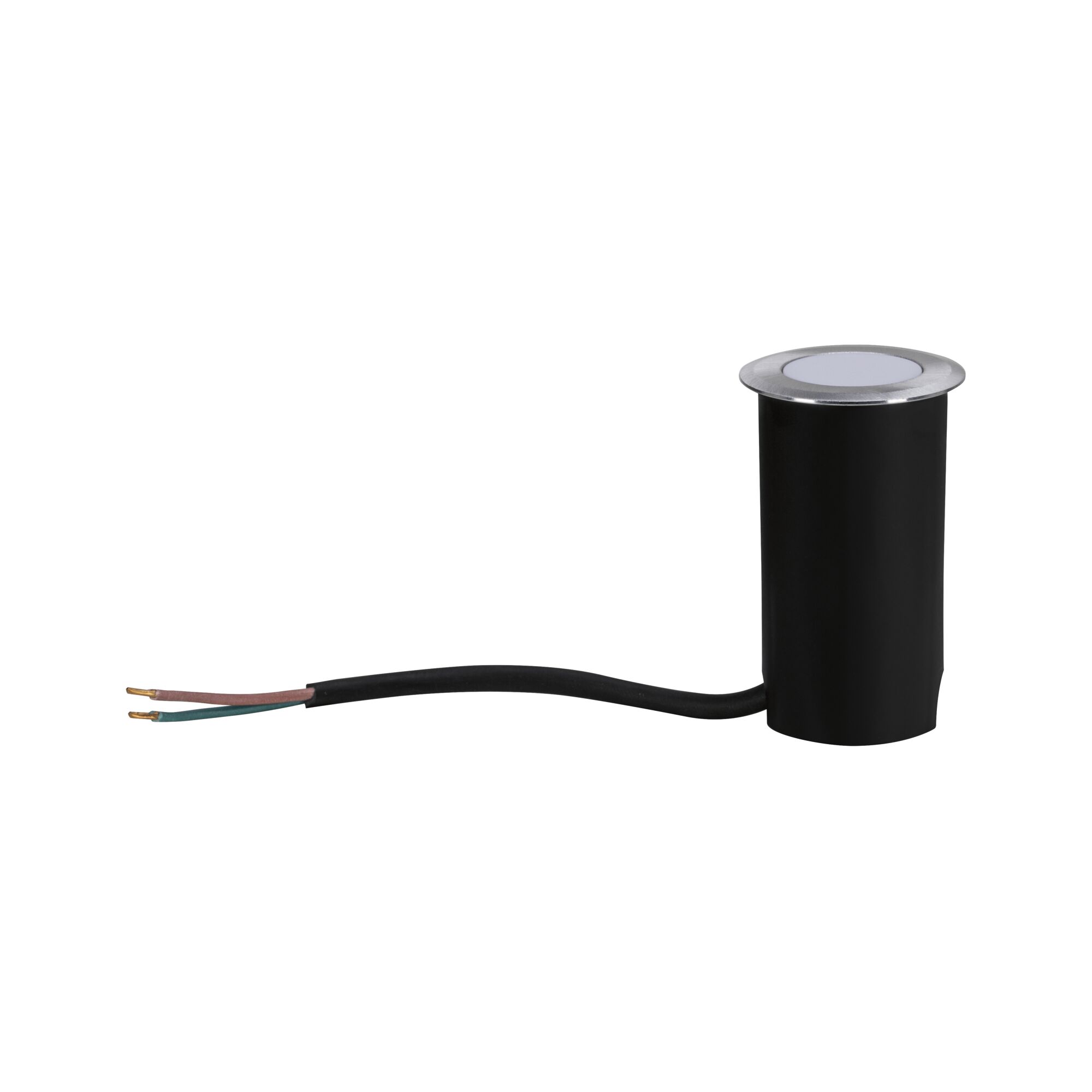 Small black plastic recessed LED spotlight with silver front and connecting cable for lighting