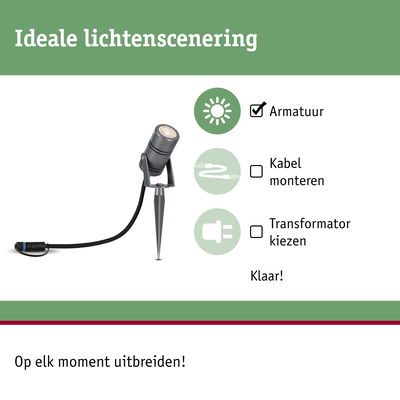Zwarte LED-tuinschijnwerper met metalen grondpen voor eenvoudige buitenverlichting en uitbreiding.