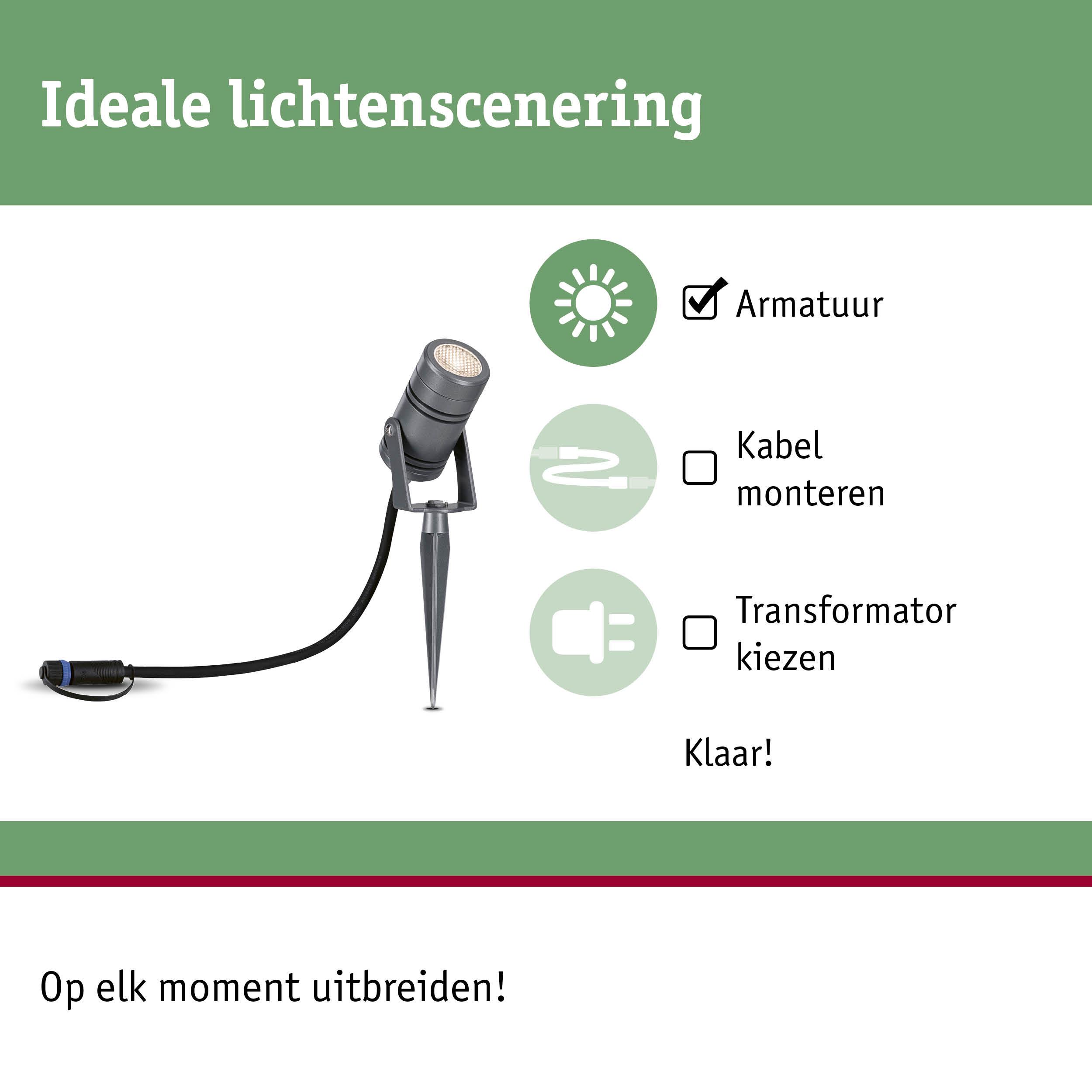 Zwarte LED-tuinschijnwerper met metalen grondpen voor eenvoudige buitenverlichting en uitbreiding.