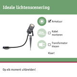 Zwarte LED-tuinschijnwerper met metalen grondpen voor eenvoudige buitenverlichting en uitbreiding.