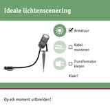 Zwarte LED-tuinschijnwerper met metalen grondpen voor eenvoudige buitenverlichting en uitbreiding.