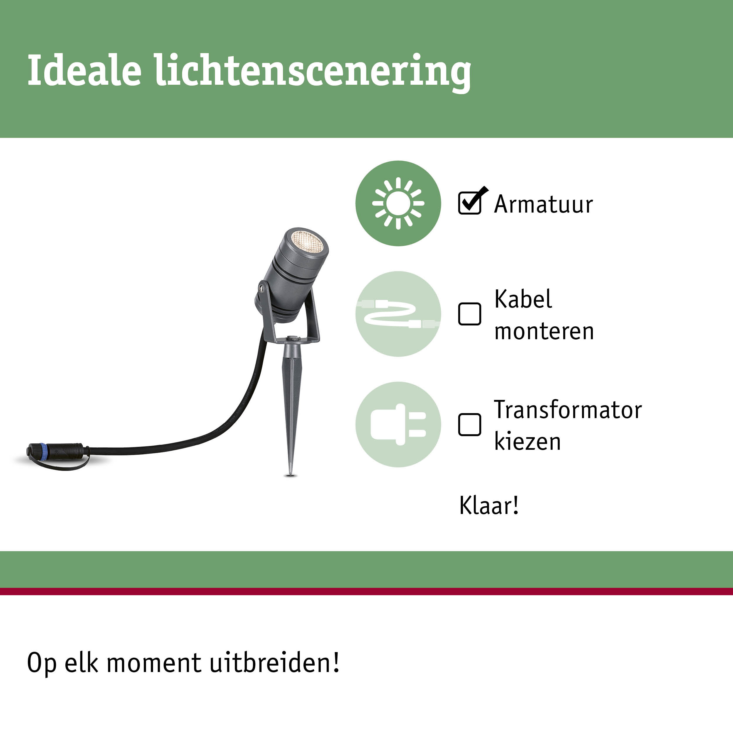 Zwarte LED-tuinschijnwerper met grondpen en kabel voor flexibele buitenverlichting