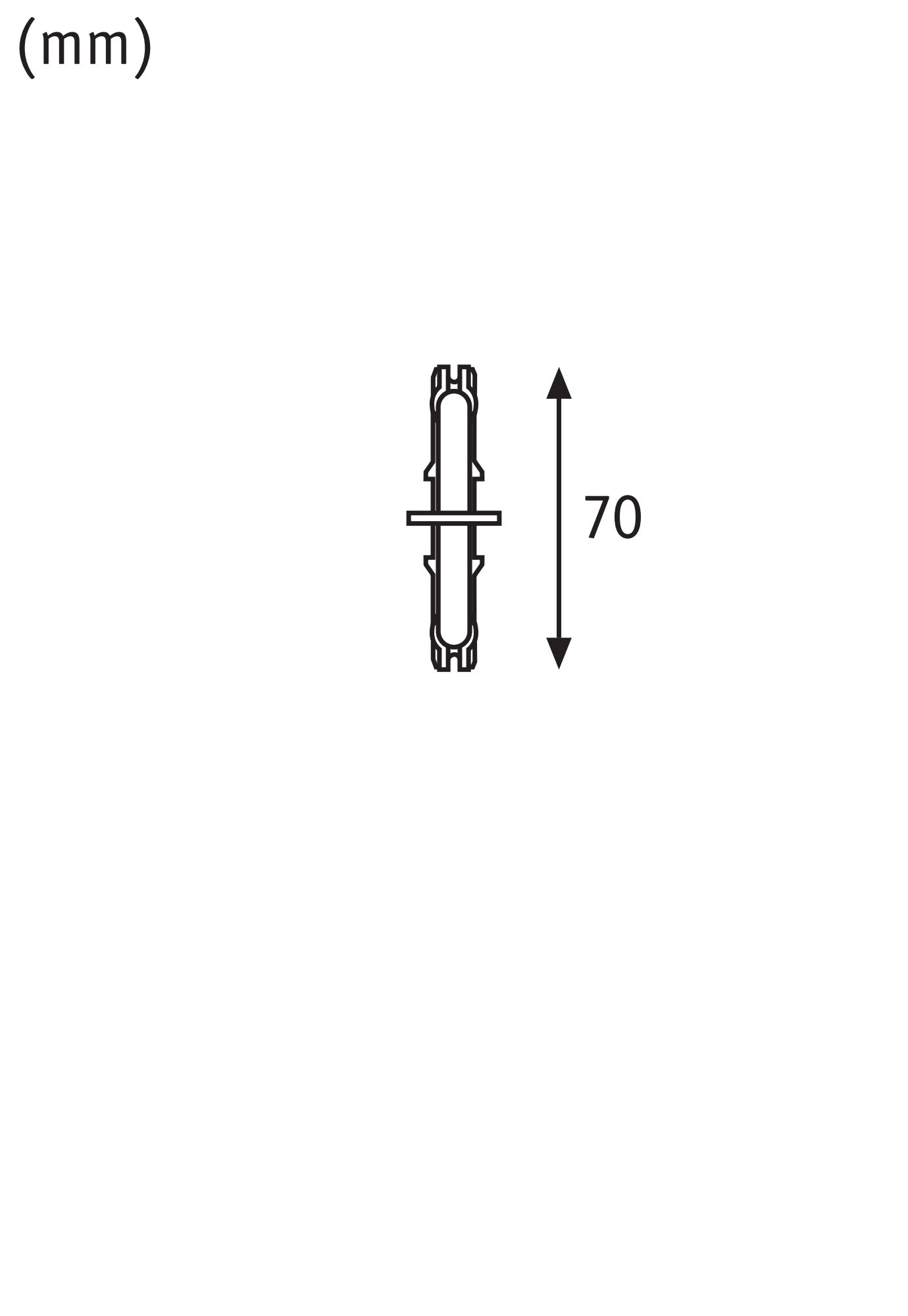 Technische tekening van een onderdeel van 70 mm lang, zwart-wit schets voor verlichtingsonderdelen.
