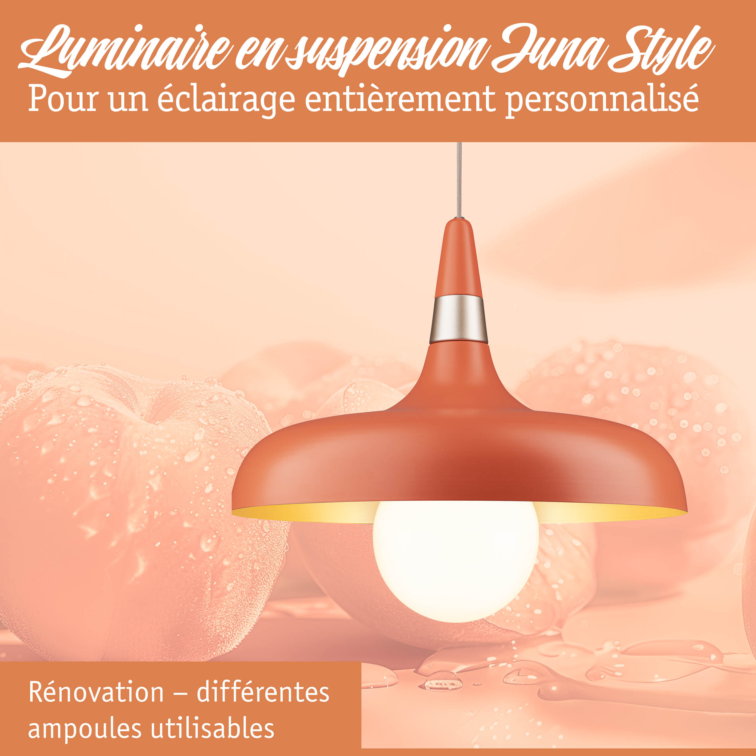 Luminaire suspendu Juna Style orange avec anneau métallique pour éclairage personnalisé et ampoule LED