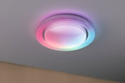 Plafonnier rond en plastique blanc avec éclairage LED multicolore pour pièces à vivre.
