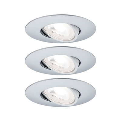 Three round recessed spotlights in matte grey metal with adjustable LED lights for living spaces