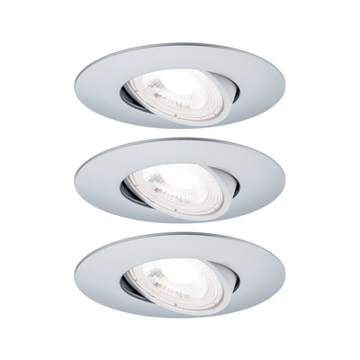 Three round recessed spotlights in matte grey metal with adjustable LED lights for living spaces