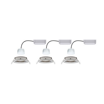 Three white LED recessed spotlights with silver metal frame and external driver for modern room lighting