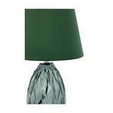 Table lamp with green fabric shade and textured grey glass base for home lighting