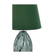 Table lamp with green fabric shade and textured grey glass base for stylish home lighting