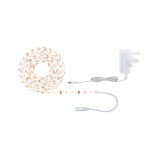 Flexible white LED strip light with power adapter for decorative indoor lighting and light strips.