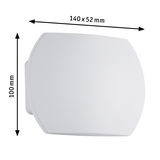 Weißes rechteckiges Wandlicht mit abgerundeten Ecken, Maße 140x100x52 mm, modernes Design.