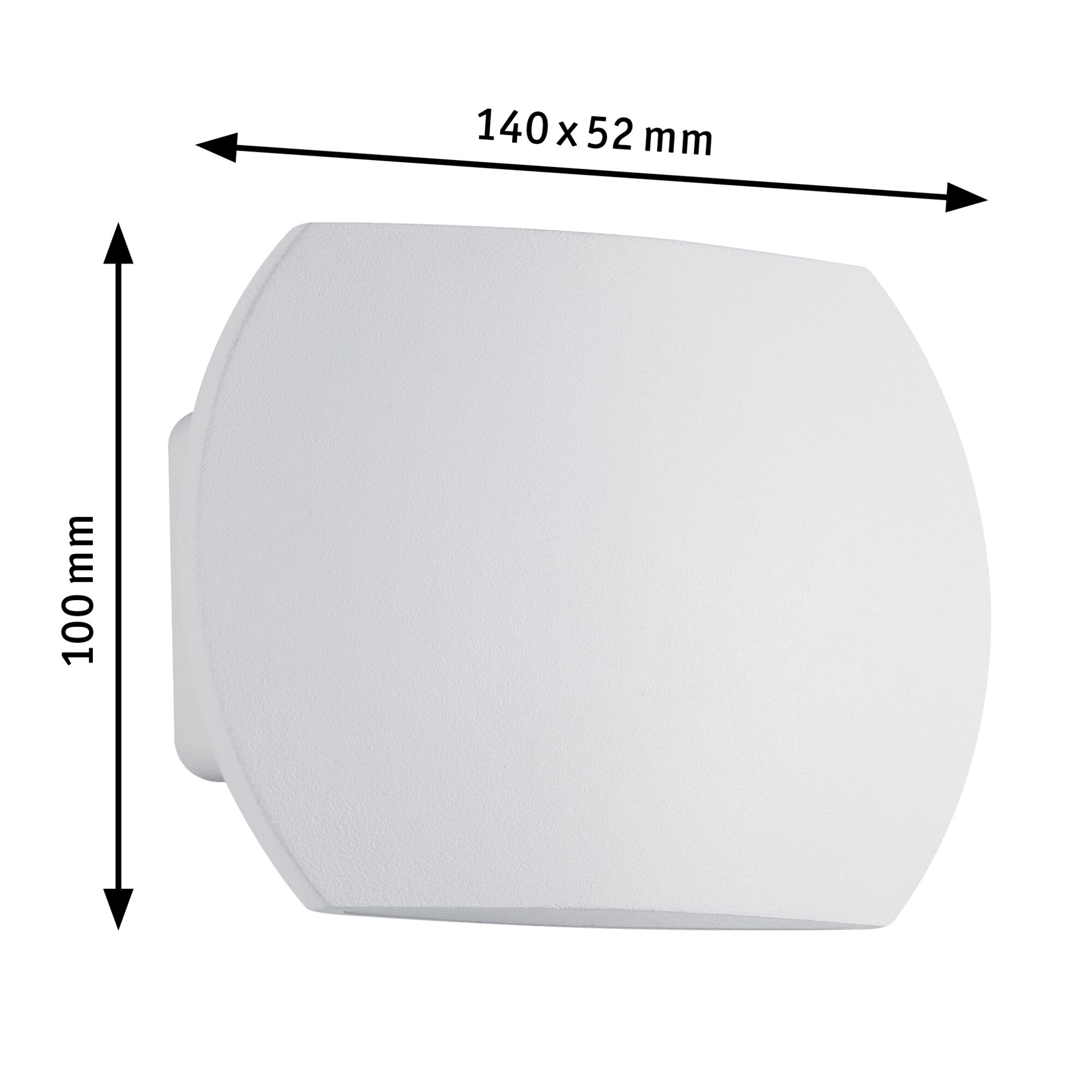Hvid rektangulær væglampe med afrundede kanter, mål 140x100x52 mm, moderne design.