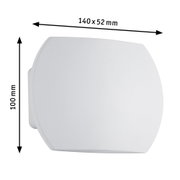 Weißes rechteckiges Wandlicht mit abgerundeten Ecken, Maße 140x100x52 mm, modernes Design.