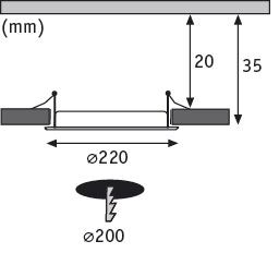 Technische tekening van inbouwspot doorsnede met 220 mm diameter en 35 mm hoogte