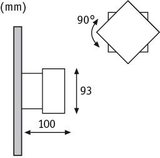 Technische Zeichnung einer quadratischen Wandlampe mit 93 mm Höhe und 100 mm Tiefe aus Metall