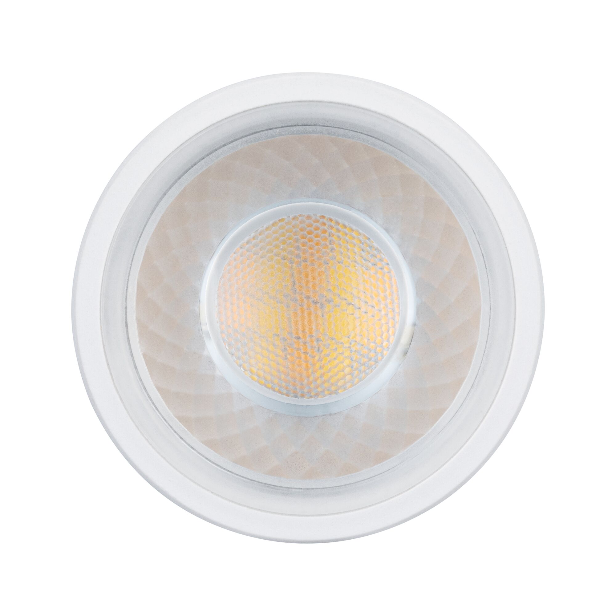 Runde LED-Einbauleuchte mit weißem Rahmen und warmweißem Licht für moderne Innenbeleuchtung