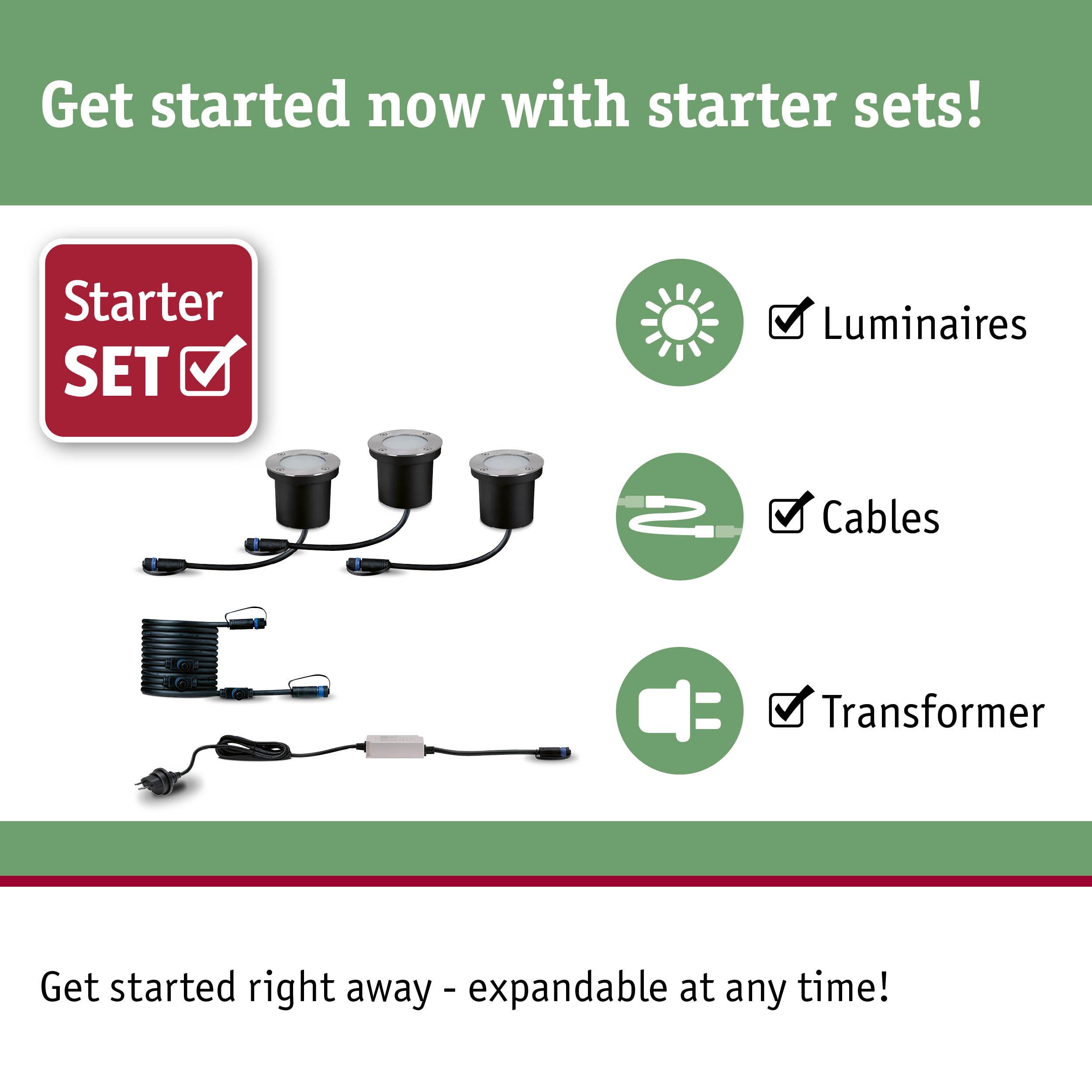 Starter set with black LED ground lights, cables, and transformer for garden lighting setup.