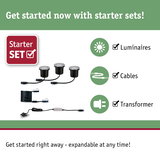 Starter set with black LED ground lights, cables, and transformer for garden lighting setup.