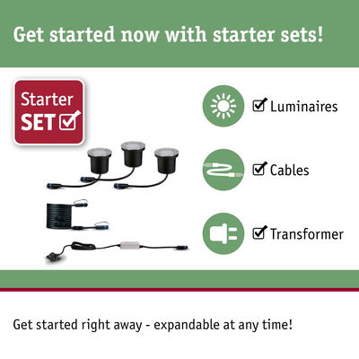 Starter set with black LED ground lights, cables, and transformer for garden lighting setup.