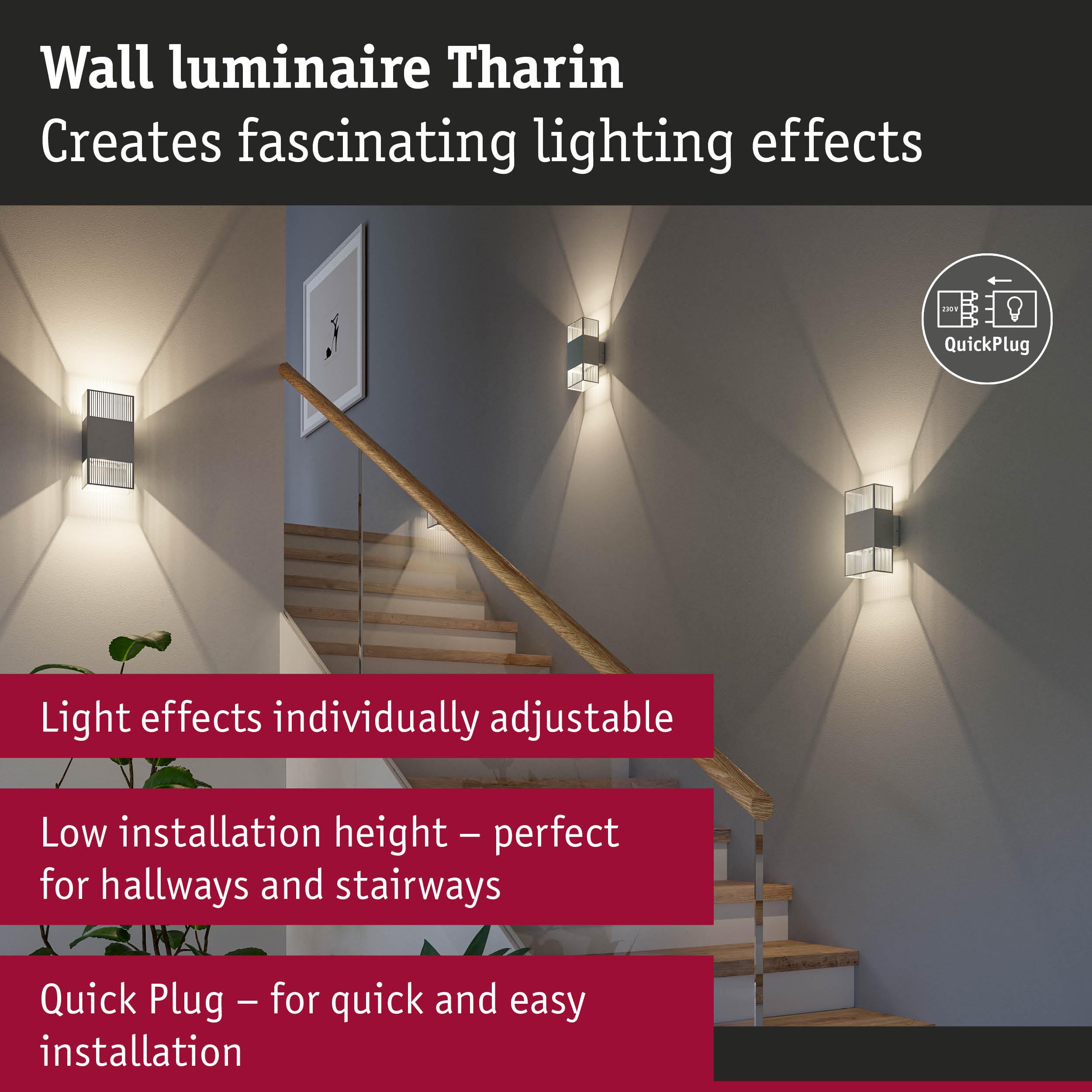 Tharin wall luminaire in grey metal with adjustable light effects ideal for hallways and stairways lighting