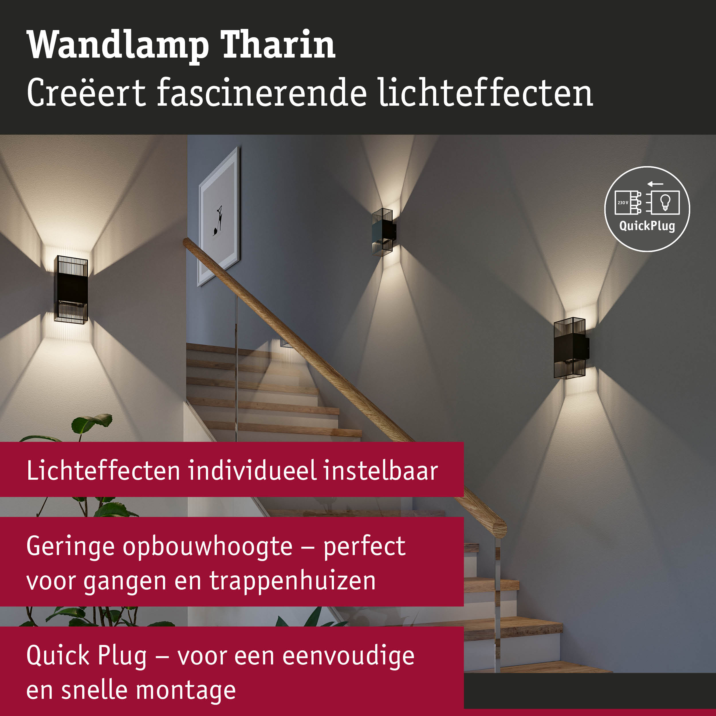 Zwarte wandlamp Tharin met instelbare lichteffecten aan trapgatwand