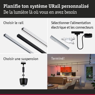 Guide étape par étape pour planifier un système d'éclairage URail avec rail, alimentation et suspension.