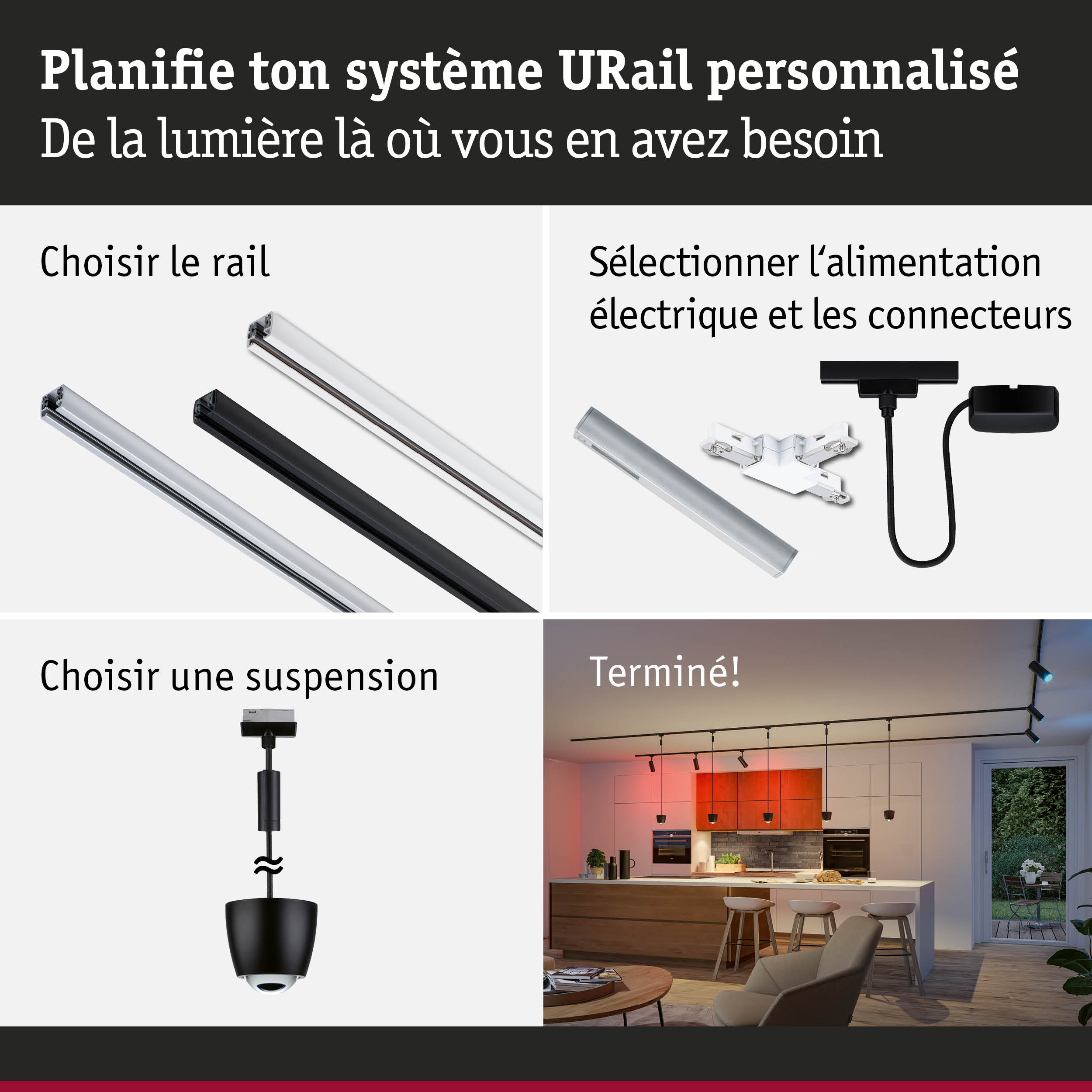 Système modulaire URail avec alimentation, suspension et éclairage pour une planification lumineuse personnalisée