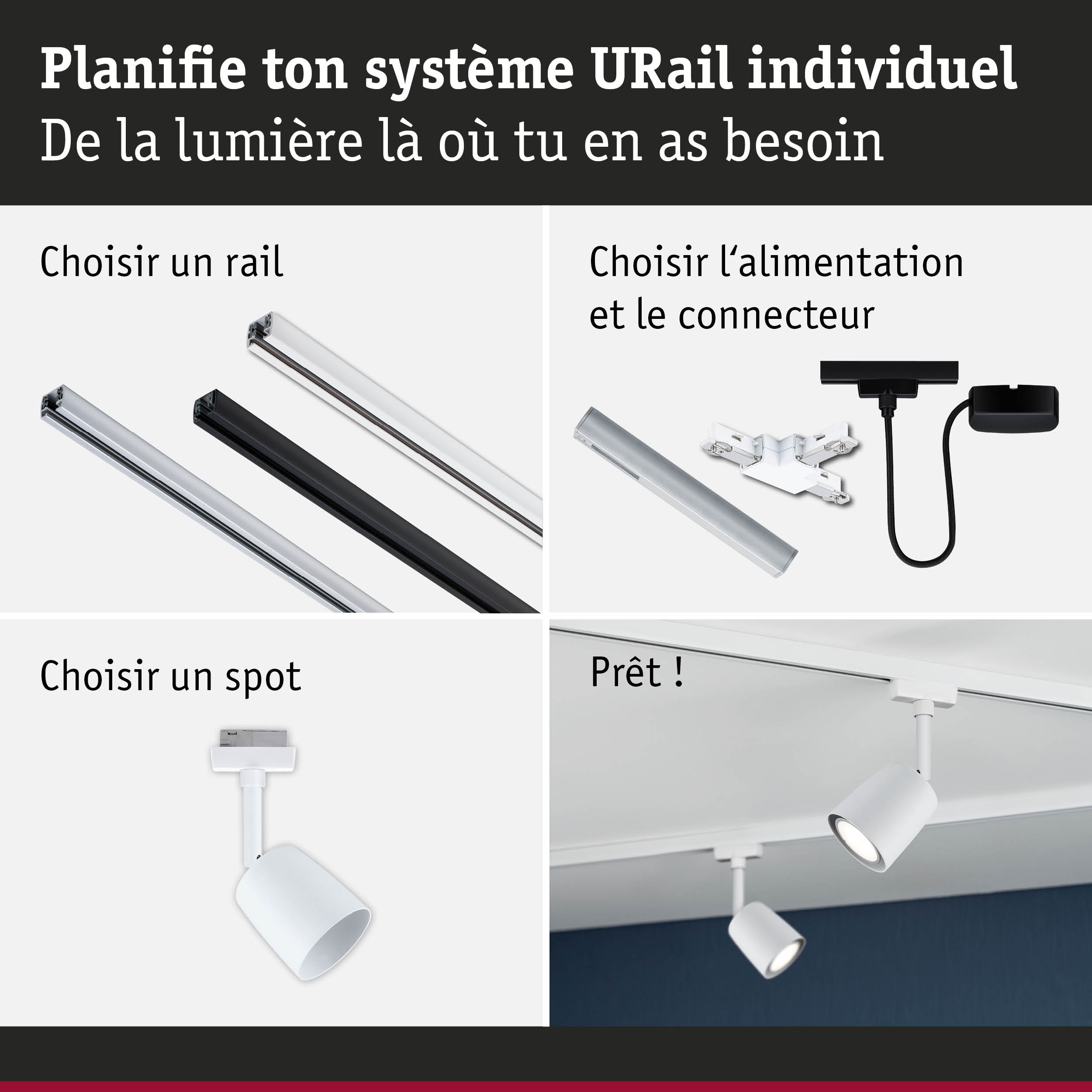 Rails URail en aluminium noir et blanc avec connecteurs et spots LED pour système d'éclairage modulable