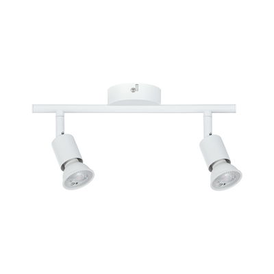 Modern white metal LED ceiling spotlight with two adjustable heads for living spaces