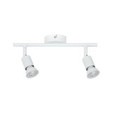 Modern white metal LED ceiling spotlight with two adjustable heads for living spaces