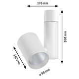 White metal LED spotlight measuring 176x260x140 mm for modern indoor lighting