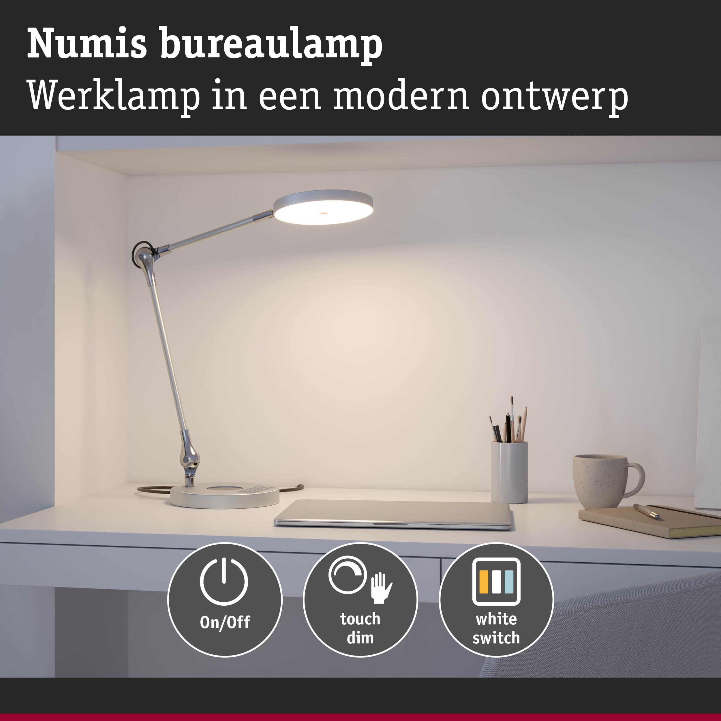 Moderne witte LED-bureaulamp met touch dimmer en aan-uit schakelaar op wit bureau