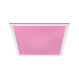Square LED ceiling light with white frame and pink panel for modern room lighting solutions